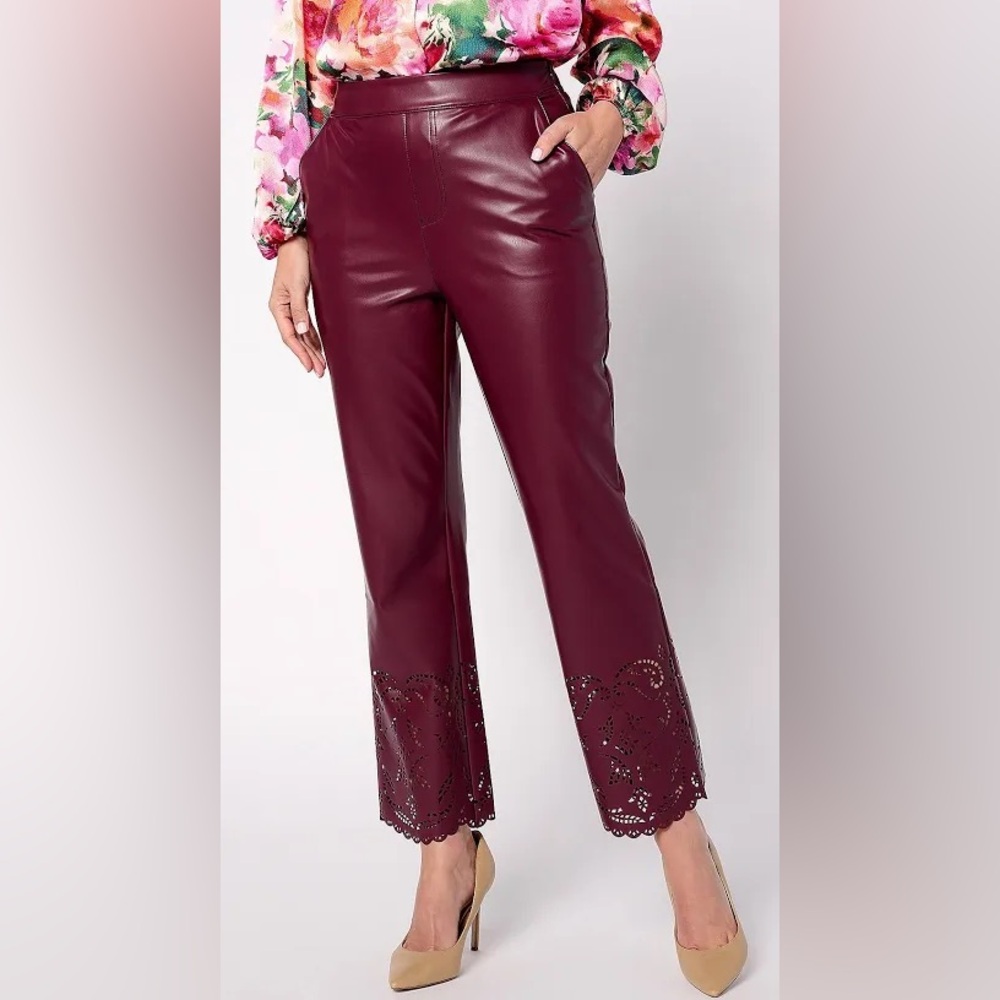 Isaac Mizrahi Live! Perforated Hem Faux Leather Pants - Spiced Wine